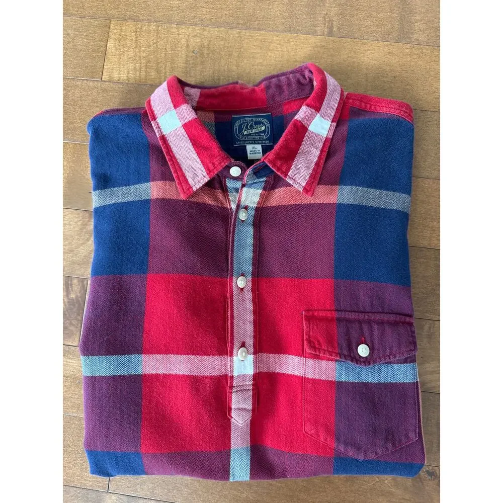 J.CREW New York Mens Red Flannel Plaid Shirt Long Sleeve Half Button XL